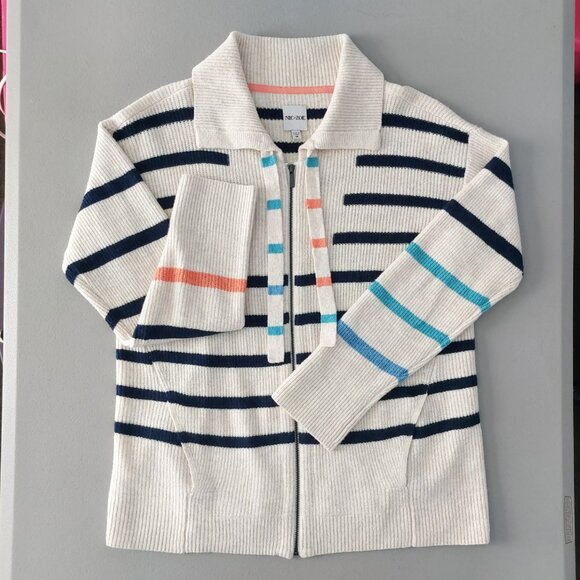 NIC+Zoe Cardigan Medium Zip Front Collar Cream Stripes Preppy Sporty - Picture 7 of 13
